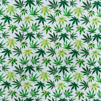 115CM PRINTED POLY COTTON LEAVES WHITE